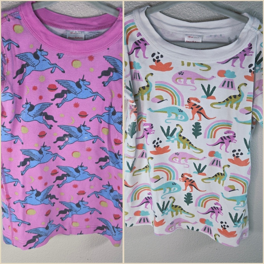 Hanna Andersson Girls Organic Cotton Pajama Tops Bundle 6-7 Dino Rainbow Unicorn